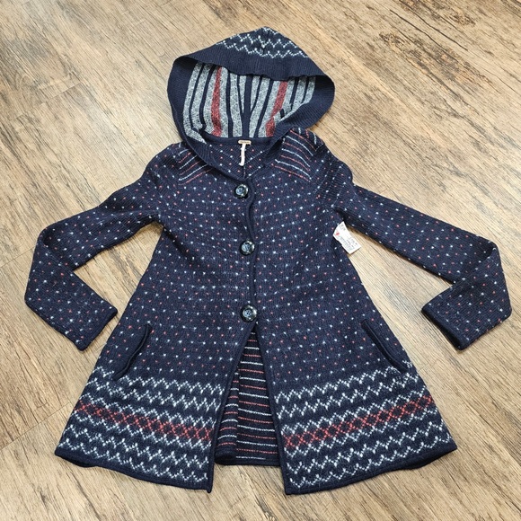 Free People Wool Blend Hooded Sweater Cardigan Coat Fair Isle Nordic L - Picture 4 of 7